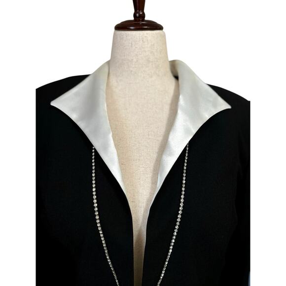 Vintage Women's Black Evening Jacket Rhinestones White Satin Lapel Size 16 Event - Picture 2 of 9
